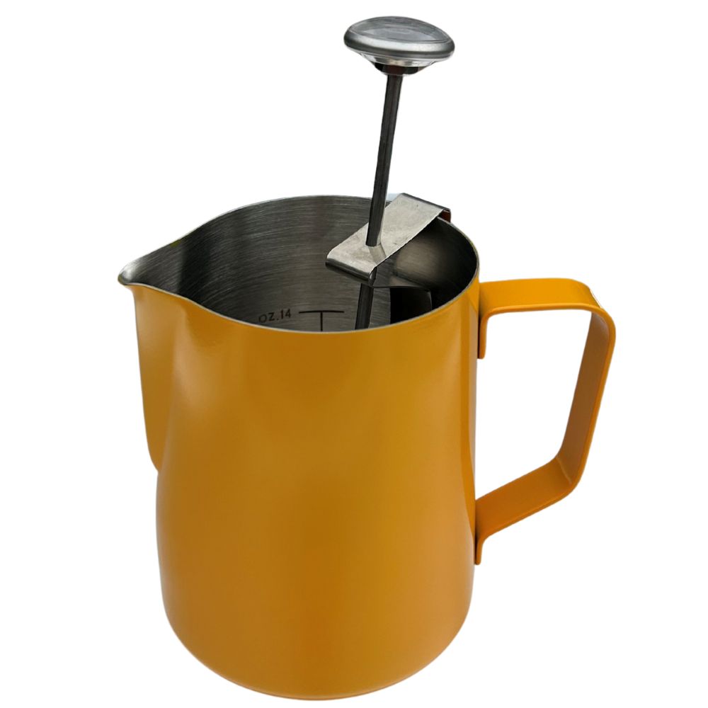 Chef-Hub 600ml Yellow Milk Frothing Jug with FREE Thermometer | Stainless Steel Milk Pitcher with Internal Measurement Markings | Barista Latte Art & Coffee Steaming Jug