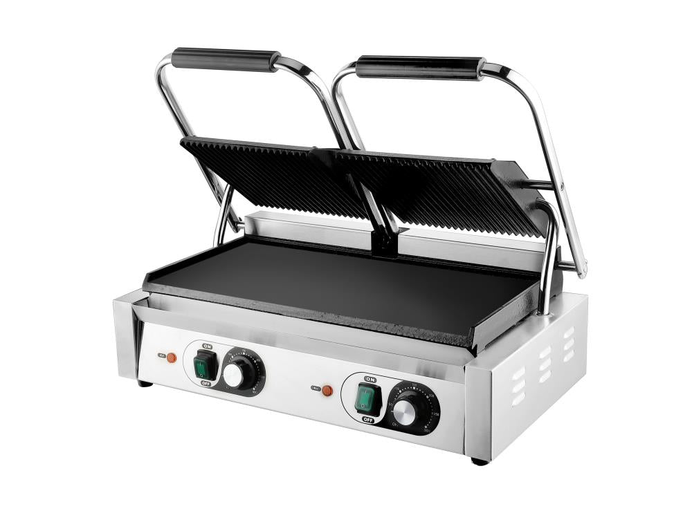 Commercial sandwich grill with two heating plates on a white background