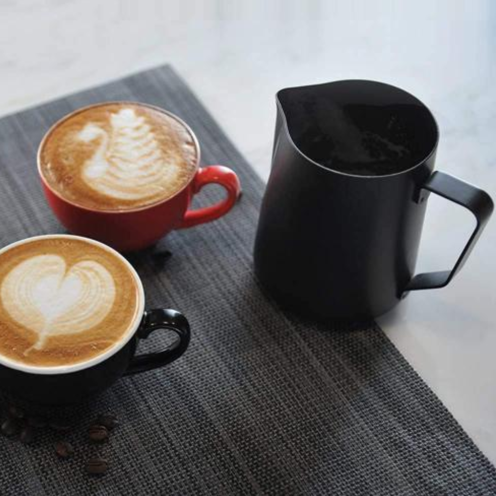 4 x 32oz (900ml) Black Non-Stick Milk Frothing Jugs with Colour-Coded Silicone Sleeves | Barista Coffee Pitcher Set | Red, Blue, Green & Yellow | Prevent Cross Contamination. Latte Art & Milk Steaming