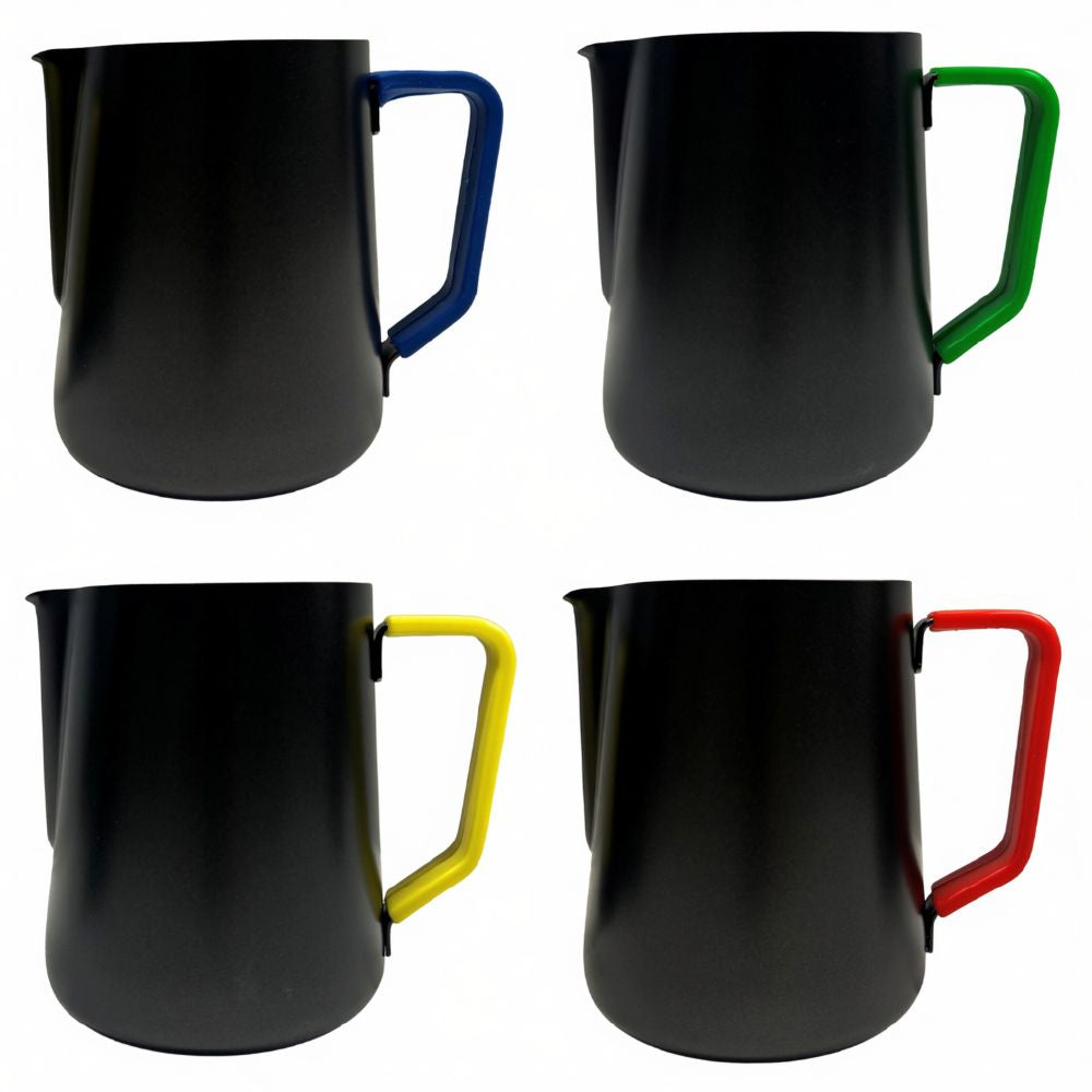 4 x 32oz (900ml) Black Non-Stick Milk Frothing Jugs with Colour-Coded Silicone Sleeves | Barista Coffee Pitcher Set | Red, Blue, Green & Yellow | Prevent Cross Contamination. Latte Art & Milk Steaming