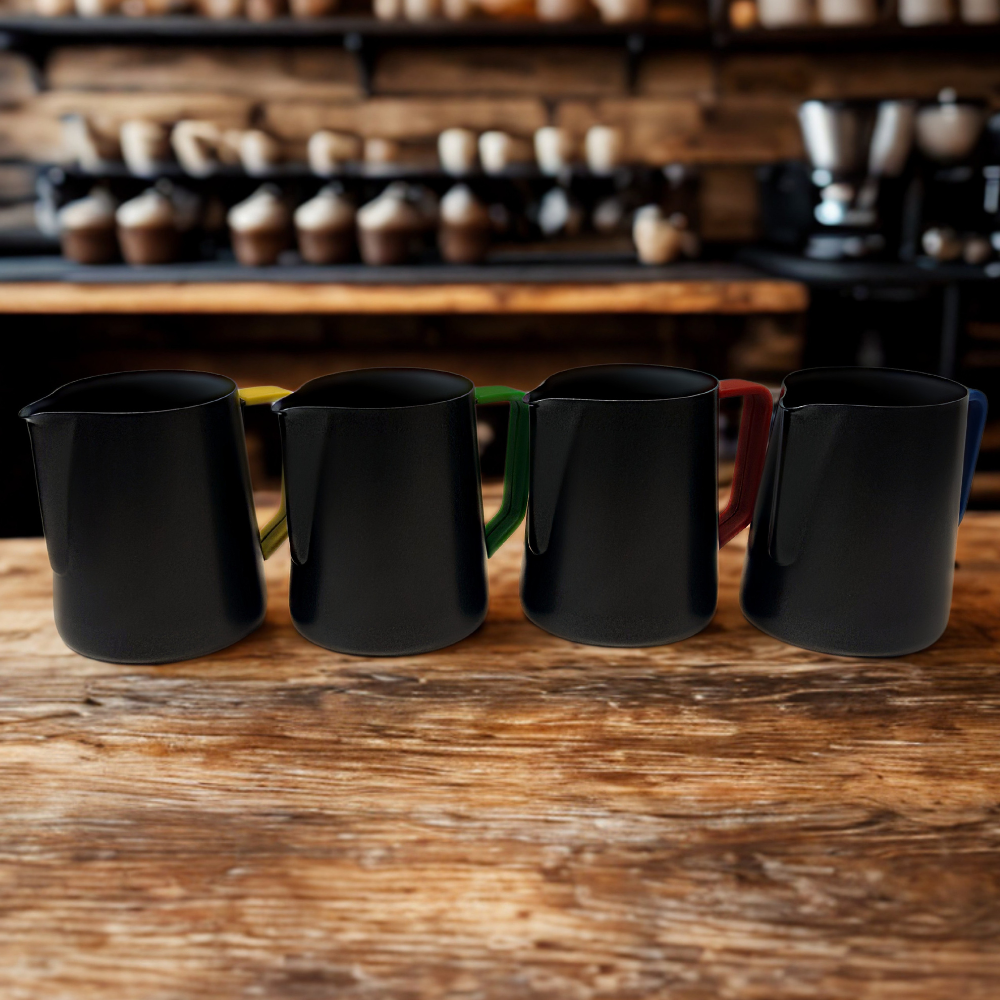 4 x 32oz (900ml) Black Non-Stick Milk Frothing Jugs with Colour-Coded Silicone Sleeves | Barista Coffee Pitcher Set | Red, Blue, Green & Yellow | Prevent Cross Contamination. Latte Art & Milk Steaming