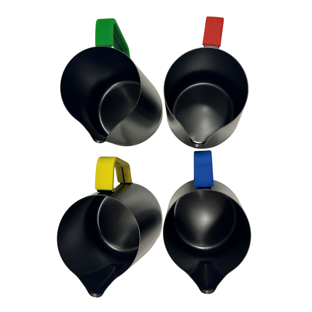 4 x 32oz (900ml) Black Non-Stick Milk Frothing Jugs with Colour-Coded Silicone Sleeves | Barista Coffee Pitcher Set | Red, Blue, Green & Yellow | Prevent Cross Contamination. Latte Art & Milk Steaming