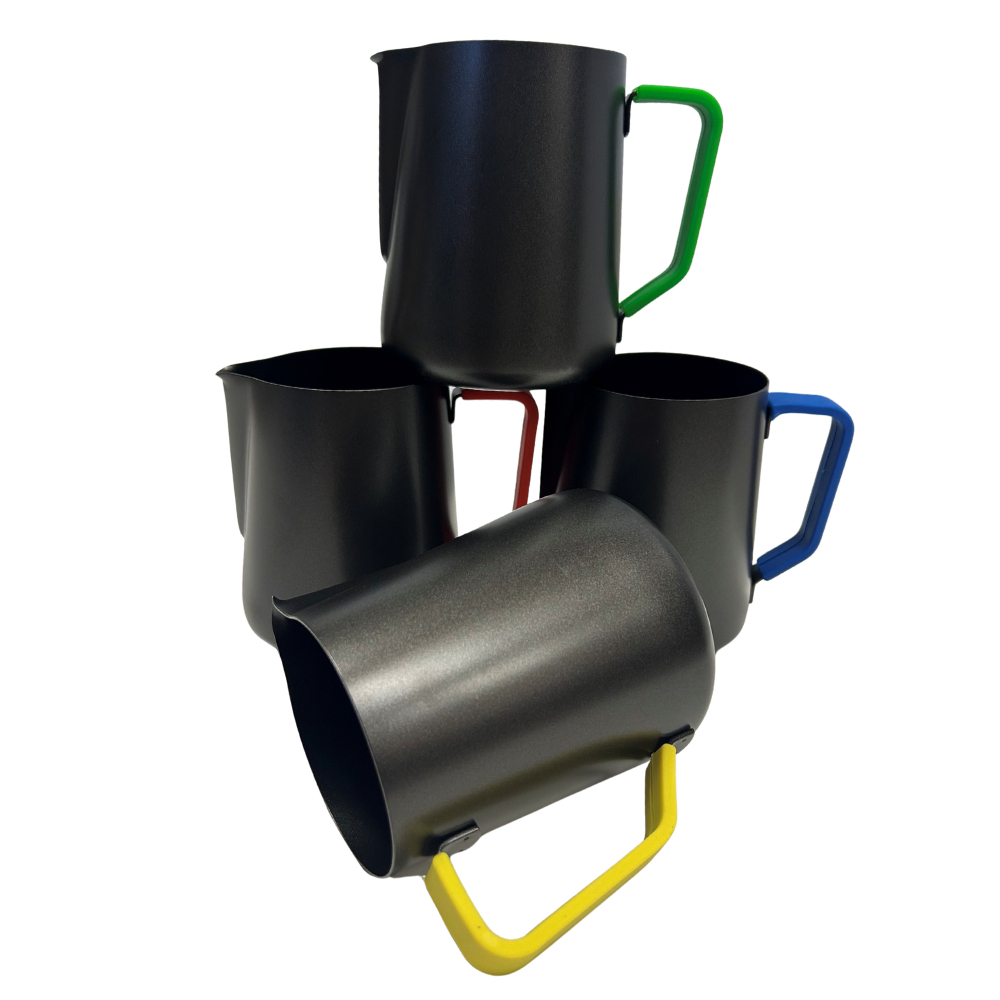 4 x 32oz (900ml) Black Non-Stick Milk Frothing Jugs with Colour-Coded Silicone Sleeves | Barista Coffee Pitcher Set | Red, Blue, Green & Yellow | Prevent Cross Contamination. Latte Art & Milk Steaming