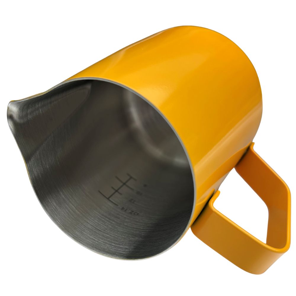 Chef-Hub 600ml Yellow Milk Frothing Jug with FREE Thermometer | Stainless Steel Milk Pitcher with Internal Measurement Markings | Barista Latte Art & Coffee Steaming Jug