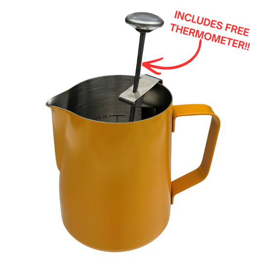 Chef-Hub 600ml Yellow Milk Frothing Jug with FREE Thermometer | Stainless Steel Milk Pitcher with Internal Measurement Markings | Barista Latte Art & Coffee Steaming Jug