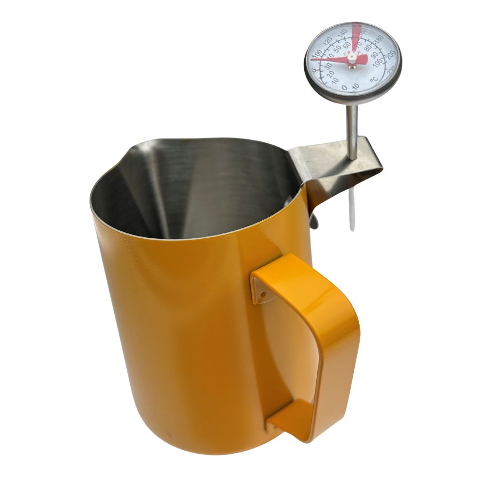 Chef-Hub 600ml Yellow Milk Frothing Jug with FREE Thermometer | Stainless Steel Milk Pitcher with Internal Measurement Markings | Barista Latte Art & Coffee Steaming Jug