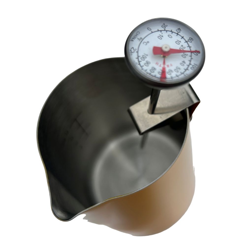 Chef-Hub 600ml Yellow Milk Frothing Jug with FREE Thermometer | Stainless Steel Milk Pitcher with Internal Measurement Markings | Barista Latte Art & Coffee Steaming Jug