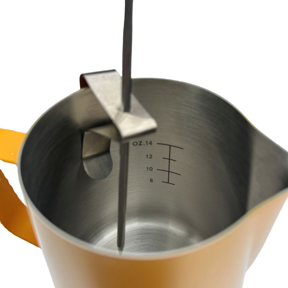 Chef-Hub 600ml Yellow Milk Frothing Jug with FREE Thermometer | Stainless Steel Milk Pitcher with Internal Measurement Markings | Barista Latte Art & Coffee Steaming Jug