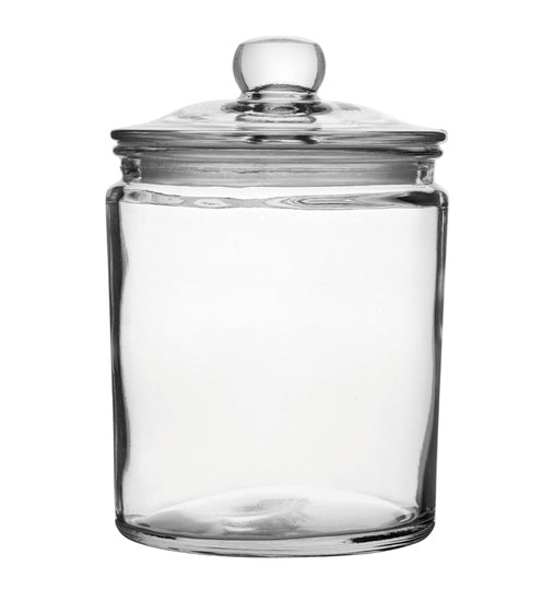 A clear glass biscotti storage jar with a plastic seal on the lid.
