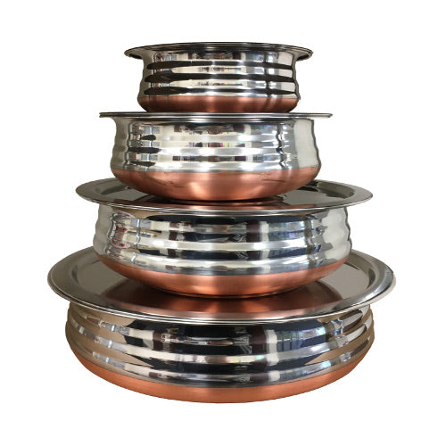 Chef-Hub Set of 4 Round Stainless Steel Handi Bowls / Urli Serving Dishes With Copper Base