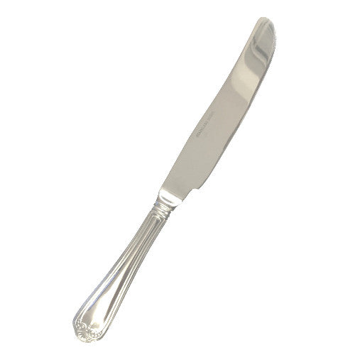 A single stainless steel table knife with a high polished finish and a hollow handle.