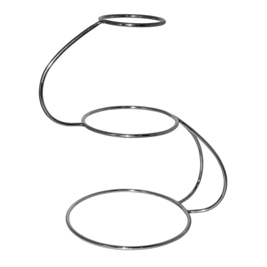 A three tier silver cake stand with a scroll design, suitable for weddings and parties.